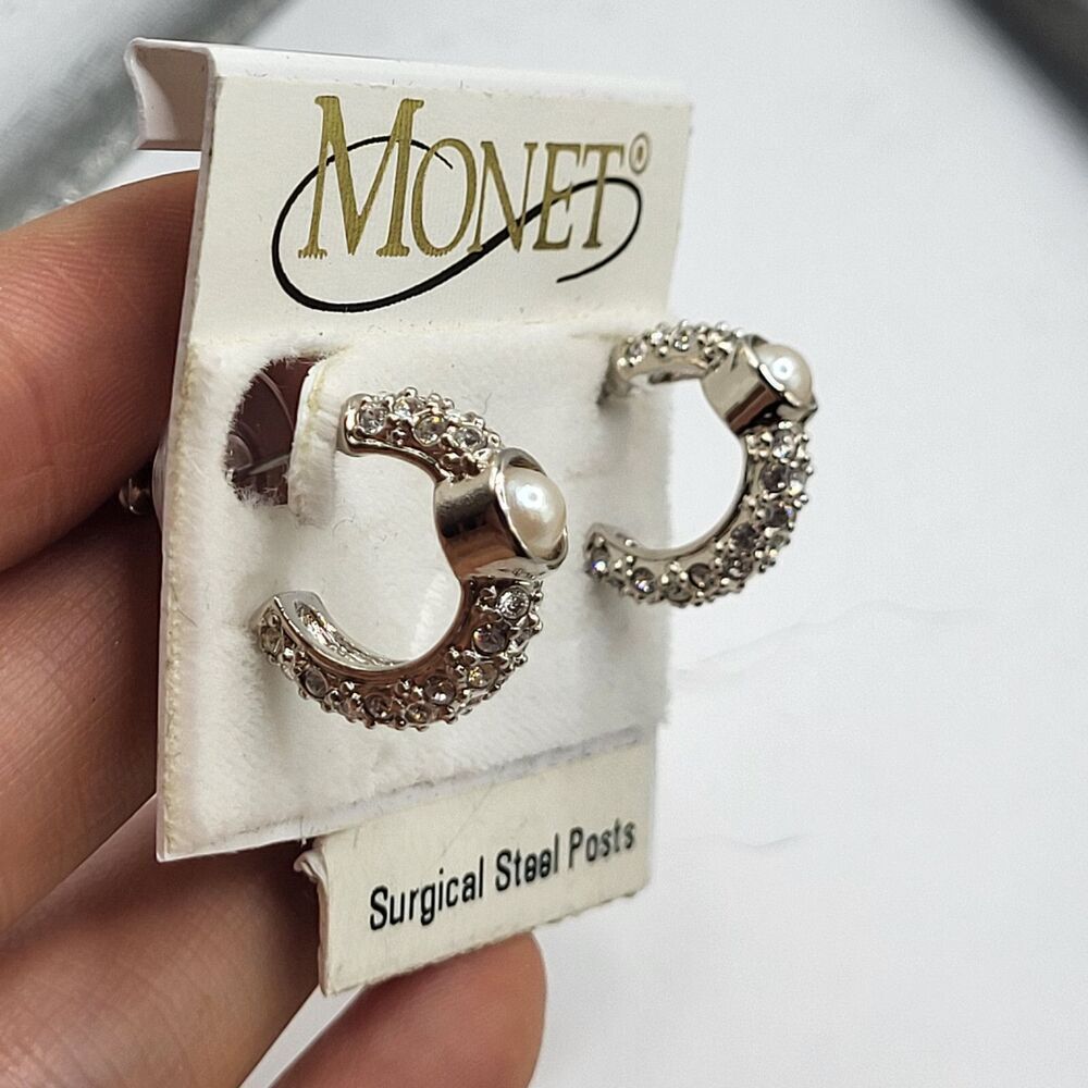 Monet Surgical Steel Posts Simulated Pearl Hoop Earrings 0.6in